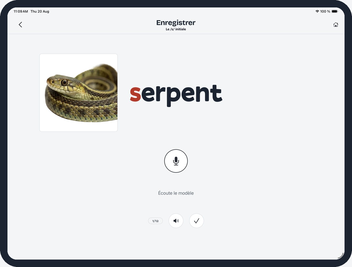 Le jeu Enregistrer : le mot travaillé, son illustration, et un bouton de micro.