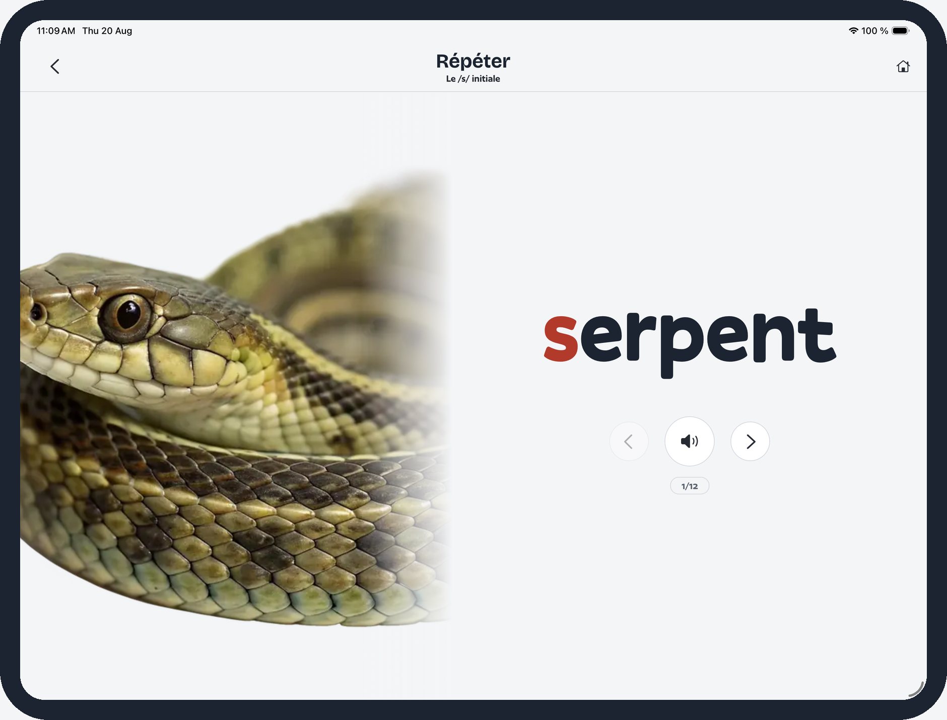 L’écran Répéter de Mon Orthophoniste sur iPad : le mot « serpent » avec le S coloré en rouge, à côté d’une grande photographie de serpent.
