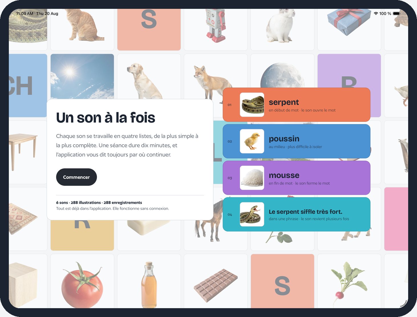 L’écran de premier lancement de Mon Orthophoniste, posé sur une mosaïque d’illustrations du catalogue.